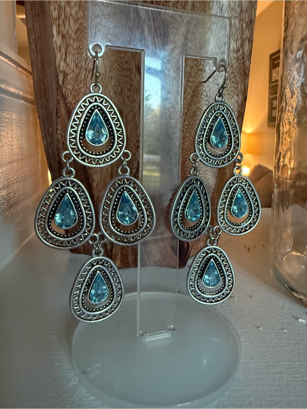 Anthropologie Silver blue stone teardrop chandelier dangle earrings